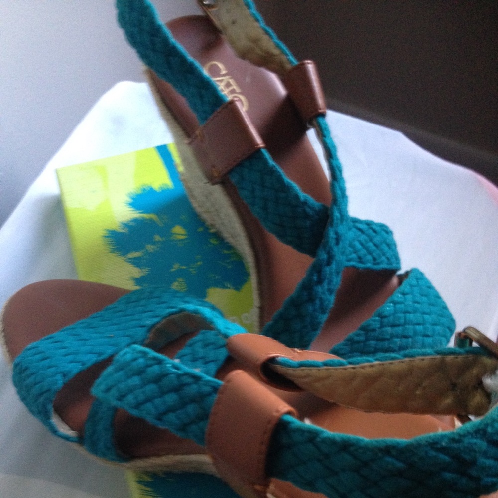 Womens Teal Blue Sandal Low Wedge Heel Size 8